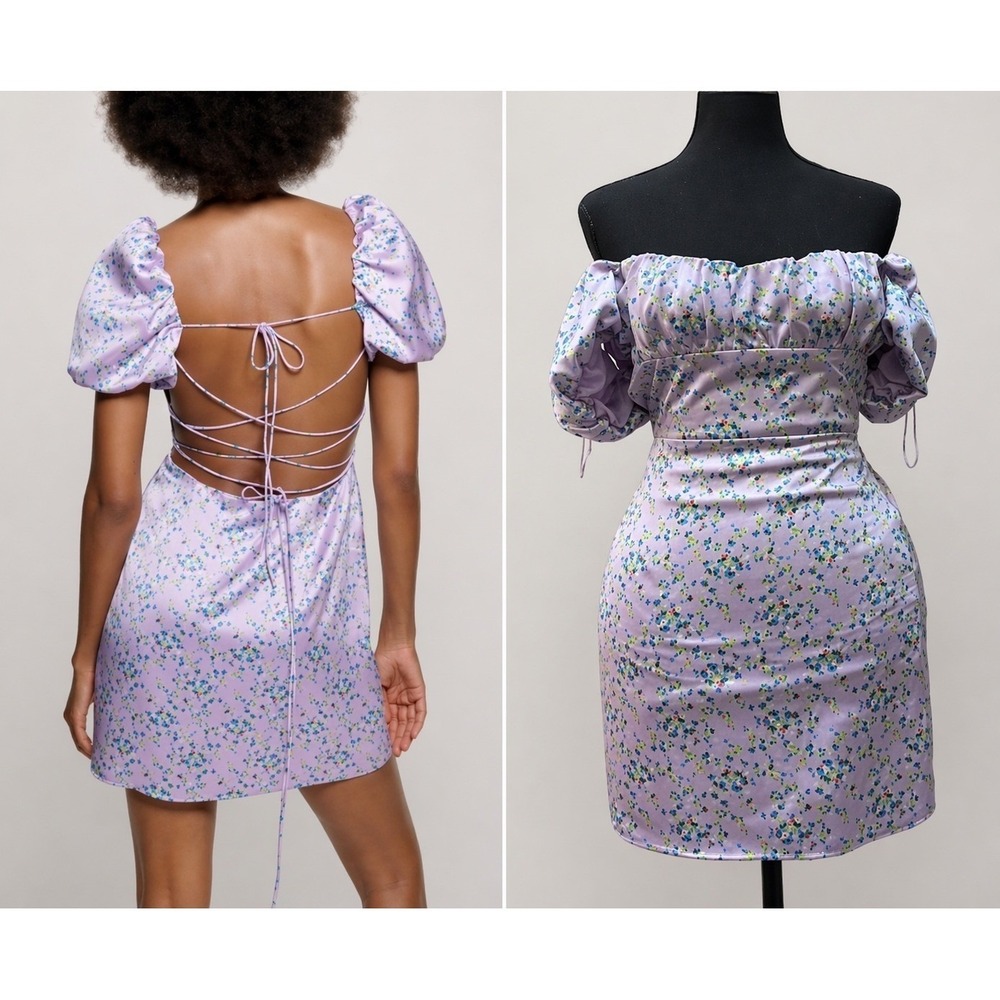 Zara Lavender Floral Mini Dress with Puff Sleeves